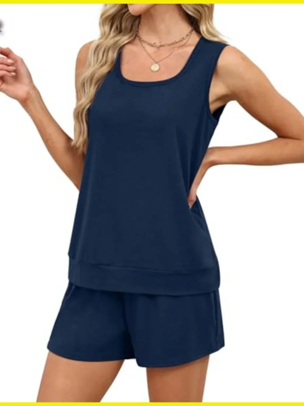 Navy Two Piece Lounge Set Sleeveless Tank Square Neck Pocket Shorts Casual